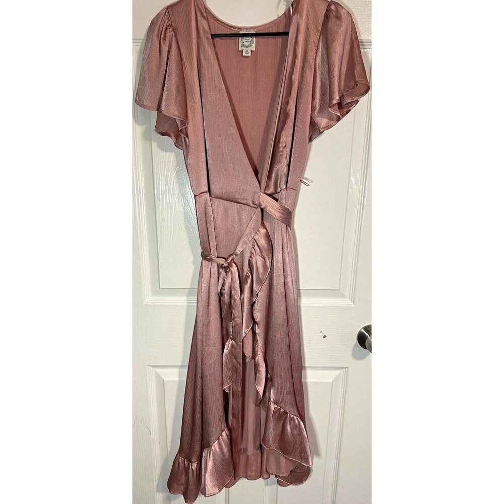 Blue Rain Pink Solid Wrap Midi Dress V-Neck Tie Waist Ruffle Flutter M